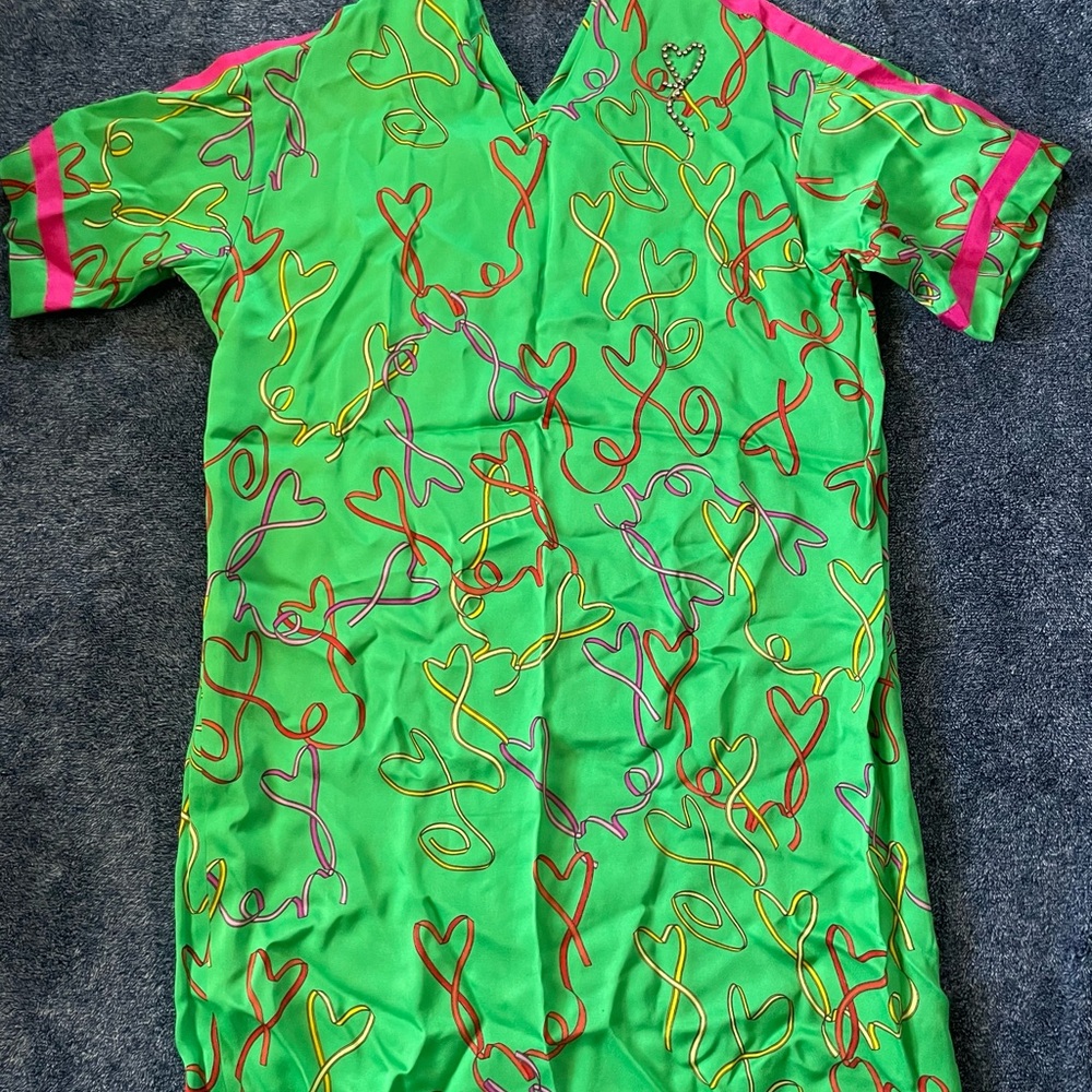 Escada Green Dress with Pink and Yellow Heart Design